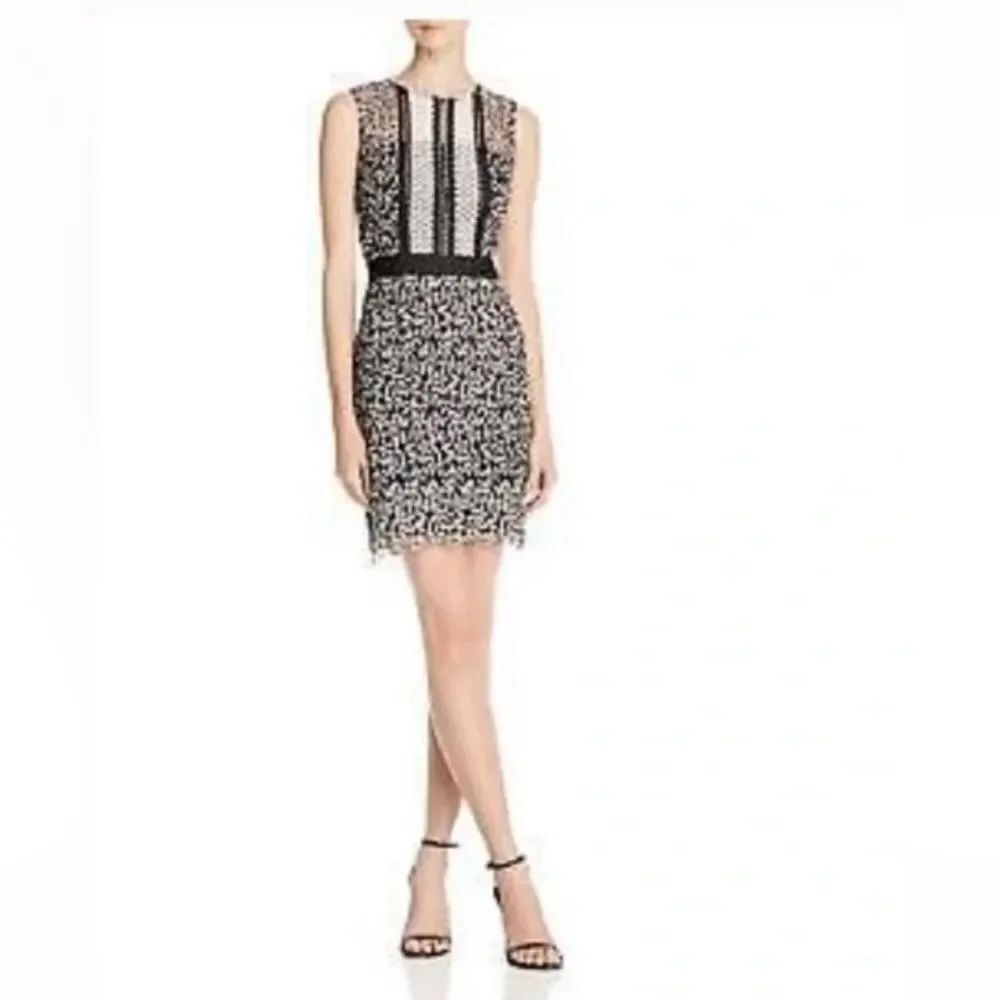 NEW Aqua Black White Floral Mixed Lace Jewel Neck Sheath Mini Cocktail Dress S